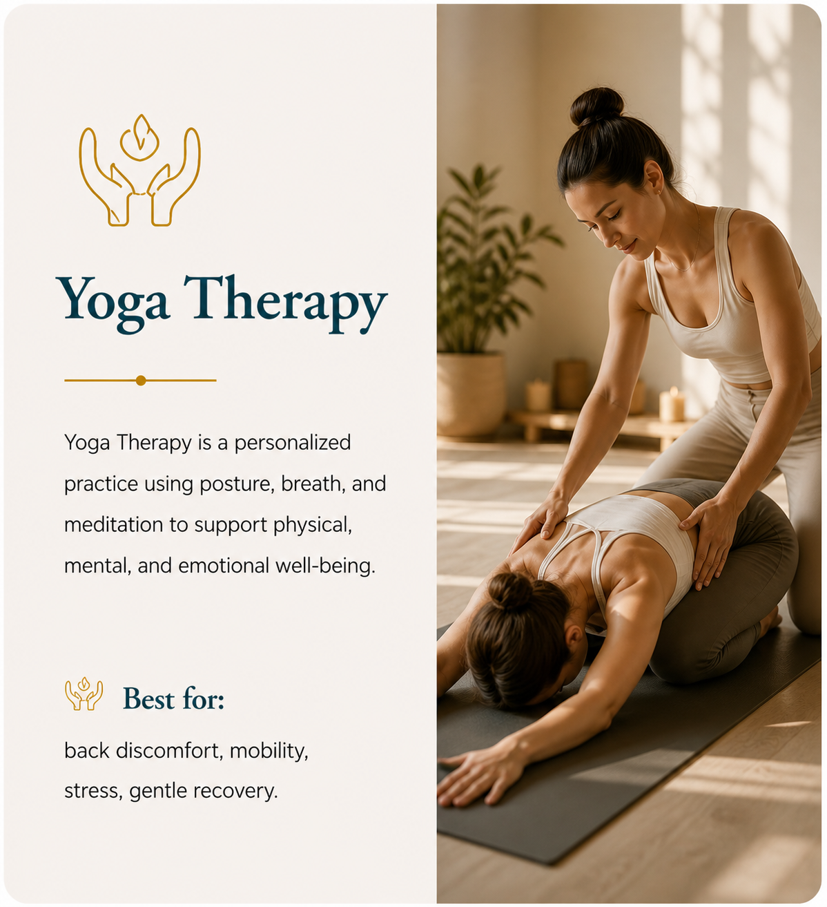 A woman receiving yoga therapy from a practitioner in a wellness studio with candles and a plant in the background.