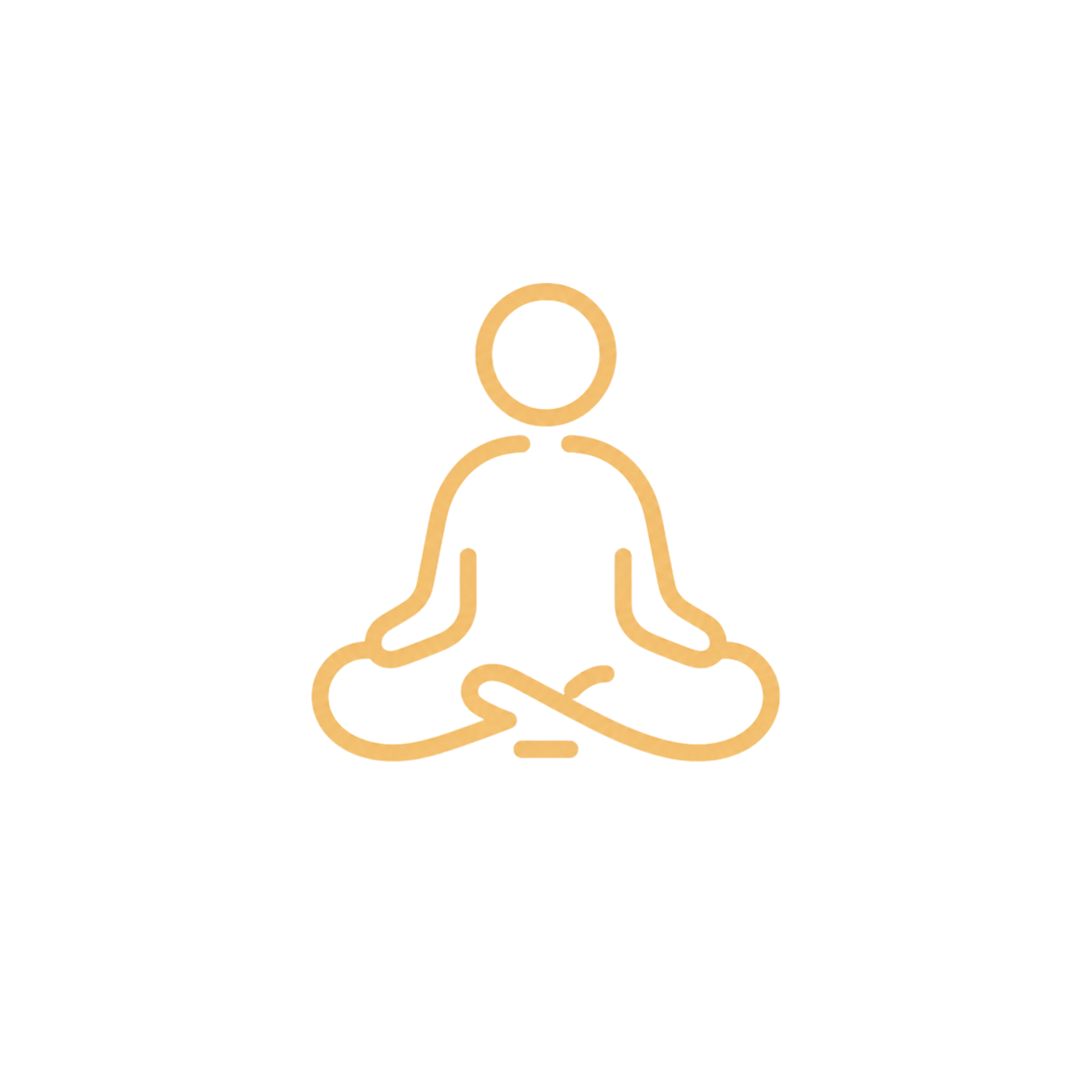 Outline of a person in a yoga pose with purple and red background, gold and beige line accents.