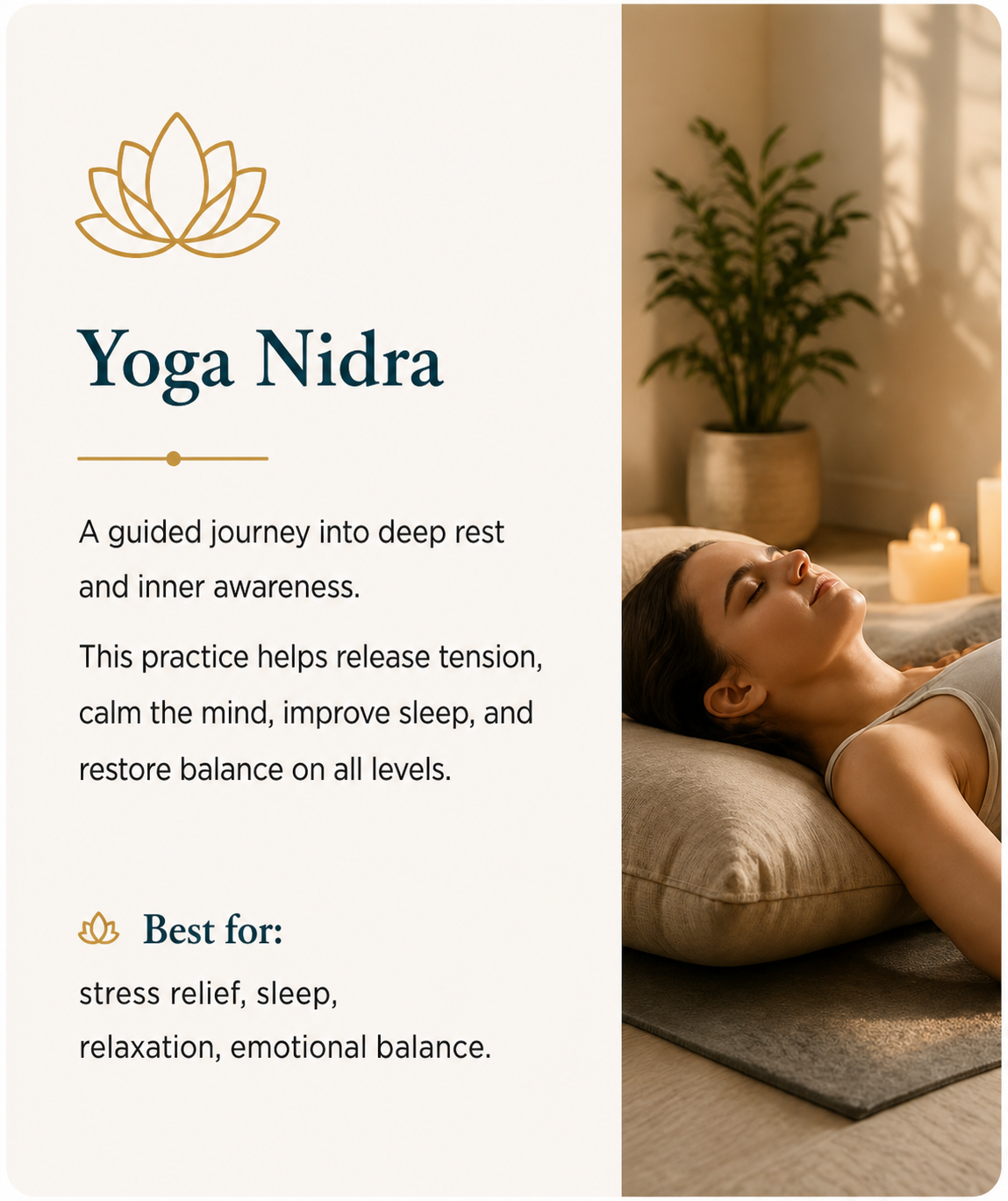 A woman lying on her back on a yoga mat with her eyes closed in a relaxed posture. Candles and a large potted plant are visible in the background, creating a calming environment for yoga nidra practice.