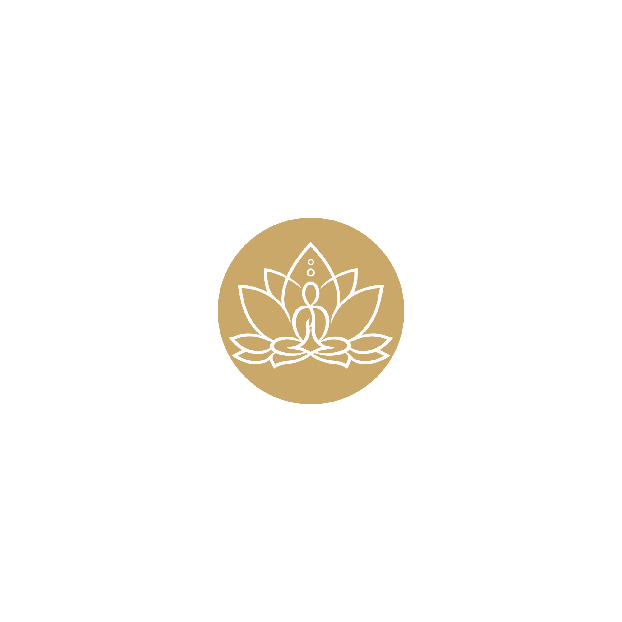 A white design of a lotus flower with petals around a candle, set against a gold circular background, surrounded by a black background.