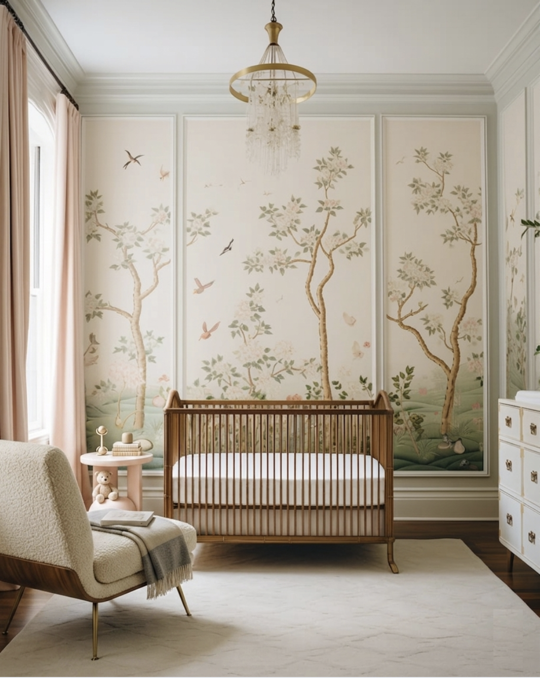 Luxury girls nursery with wallpaper mural and soft blush pink tones