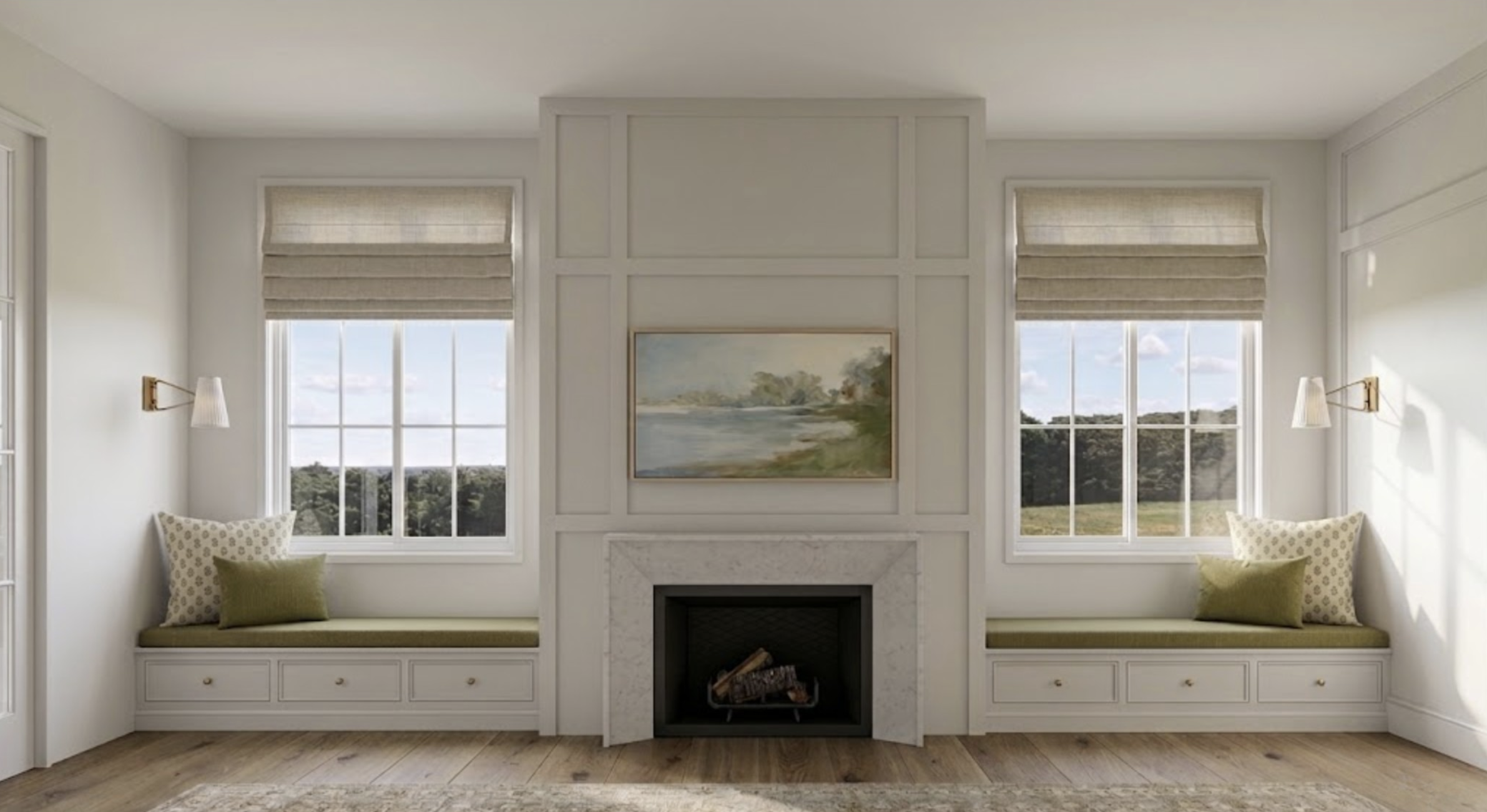 Custom built-in fireplace wall with wainscoting, cozy reading nooks, bench seating, layered pillows, and sconces — a personalized space designed for relaxing, functionality, and elevated everyday living.
