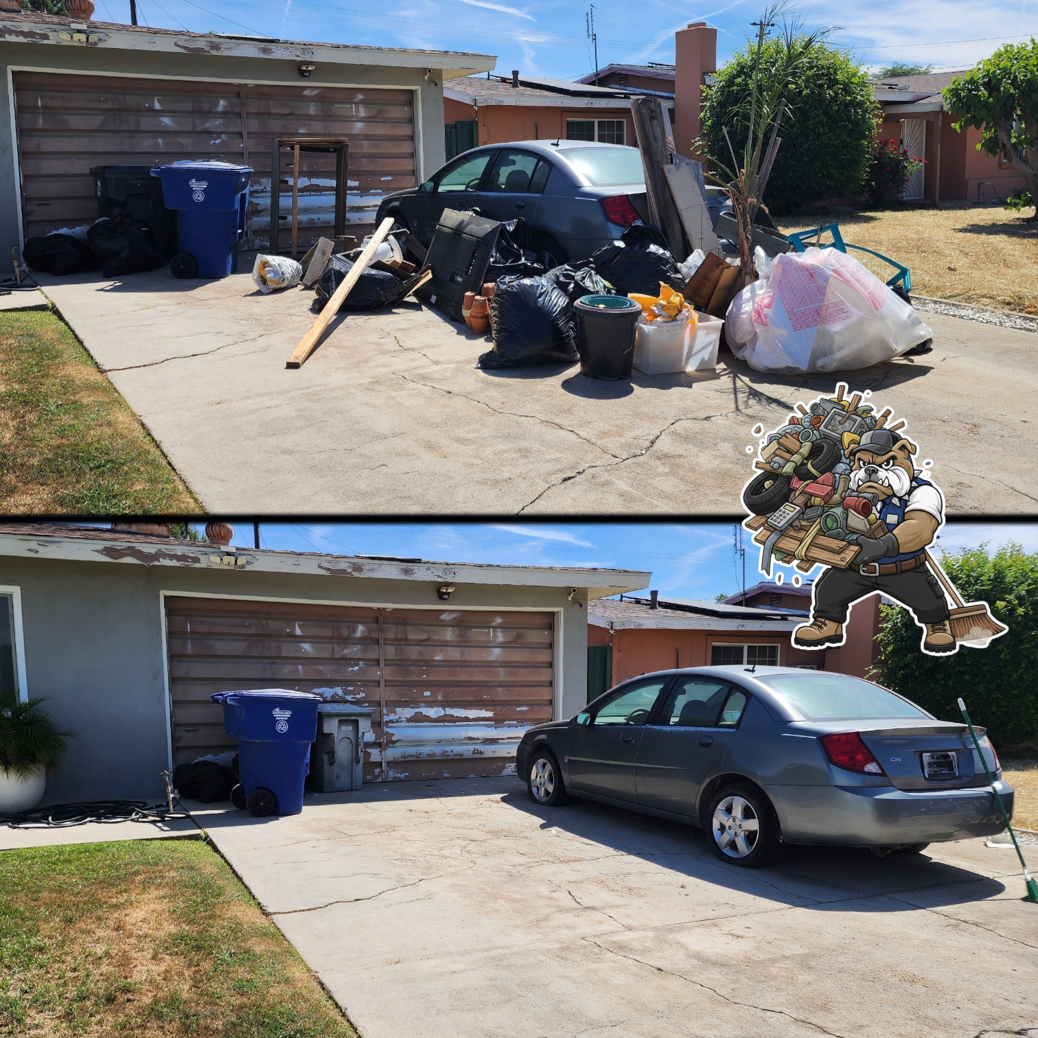 Before and after images of a cluttered garage area cleared of garbage and debris. In the before image, the garage has garbage bags, a television, and miscellaneous items, while the after image shows a clean garage with a car parked outside.