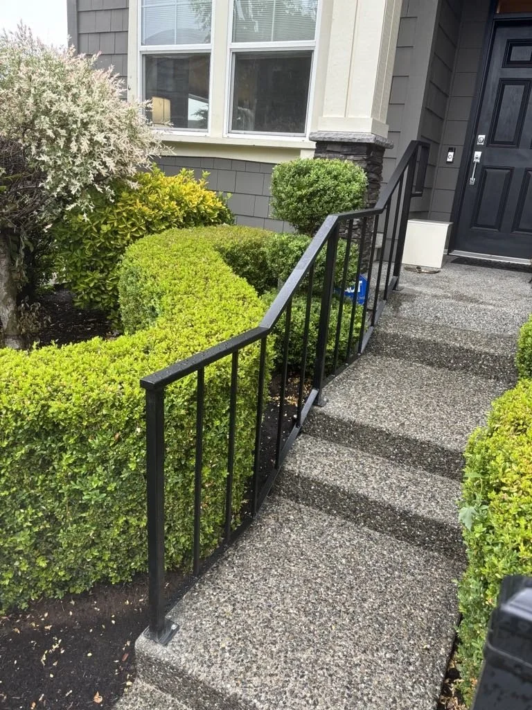 Concrete pathway with black metal handrail leading up to a house entrance, surrounded by well-maintained green bushes, near a gray house with two windows and a black door.