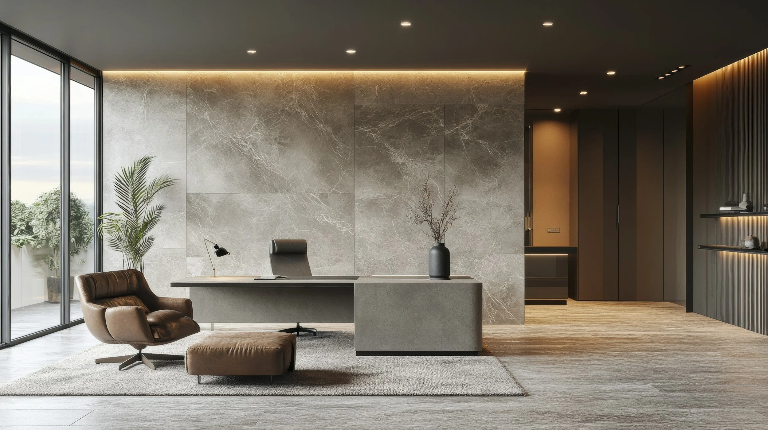 Modern office lobby with large floor-to-ceiling windows, a marble accent wall, a sleek gray desk with a black desk lamp, a brown leather chair, a beige ottoman, a large black vase with branches, and built-in shelves with decorative objects, illuminated by soft recessed lighting.