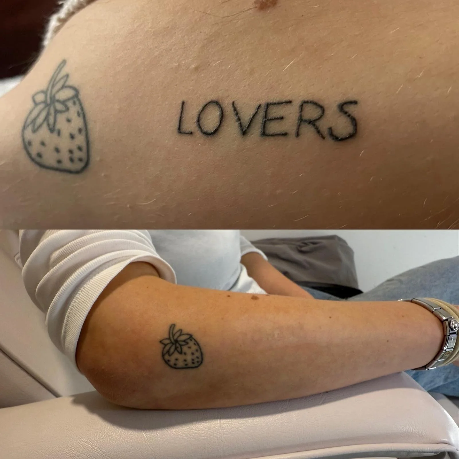 Close-up of a woman's inner forearm with a tattoo of a strawberry with a flower on top and the word "LOVERS" tattooed beside it, showing different angles of the tattoo.