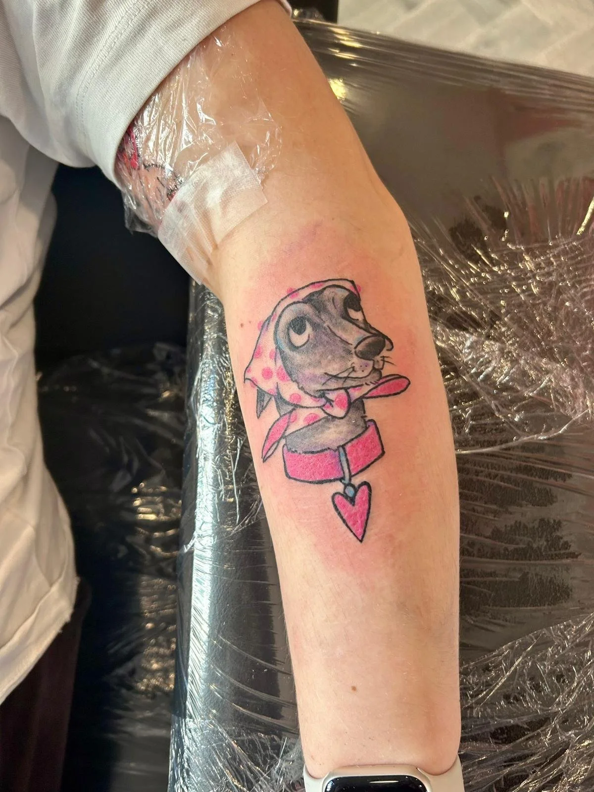 Tattoo of a dog with a pink polka dot bandana, wearing a pink collar with a heart-shaped tag, on a person's forearm.