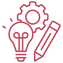 Light bulb, gear, and pencil icons representing ideas, engineering, and design.