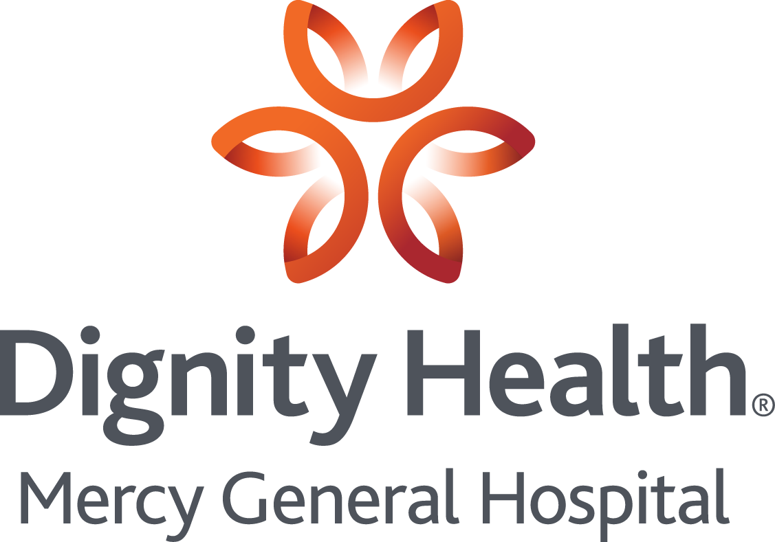 Logo for Dignity Health Mercy General Hospital featuring a stylized orange-brown floral or petal design.
