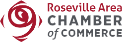 Roseville Area Chamber of Commerce logo with a stylized rose and text.