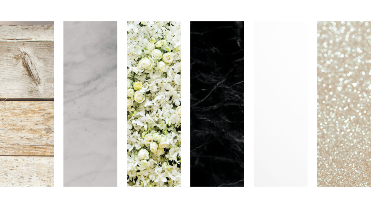 Collection of six different textured surfaces: weathered wood, smooth gray marble, white flowers, black marble, plain white, and glittery gold.