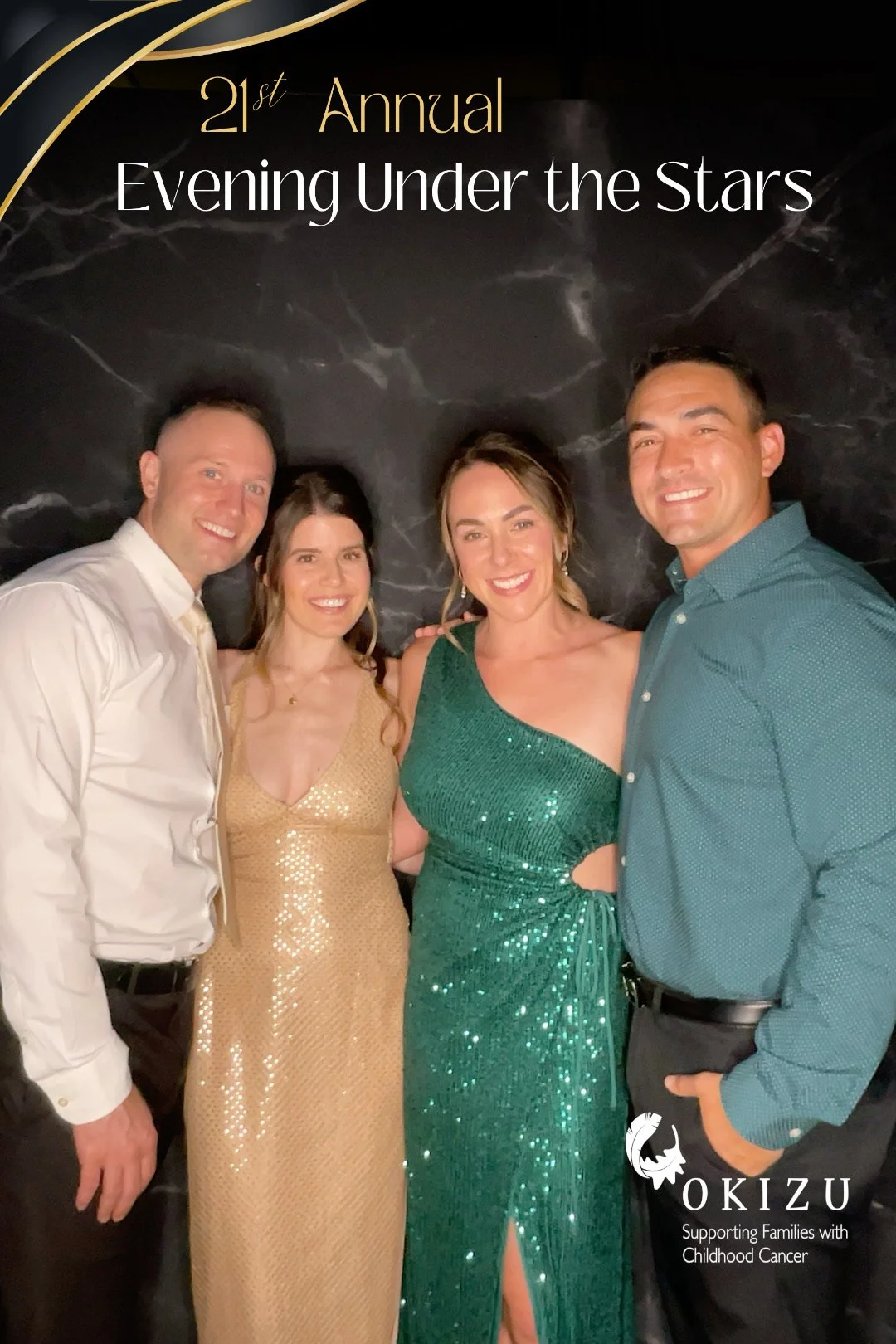 Four people dressed in formal attire at an evening event, with a black marble backdrop. The top text reads "21st Annual Evening Under the Stars." The bottom right displays the OKIZU logo and the phrase "Supporting Families with Childhood Cancer."