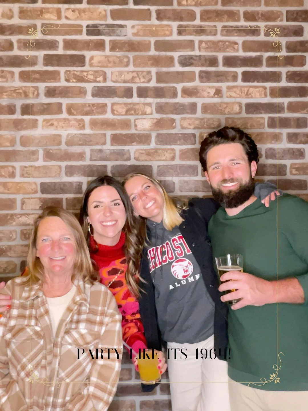 Four people smiling and enjoying drinks at a party against a brick wall, with the text 'Party Like It's 1961!' overlayed.