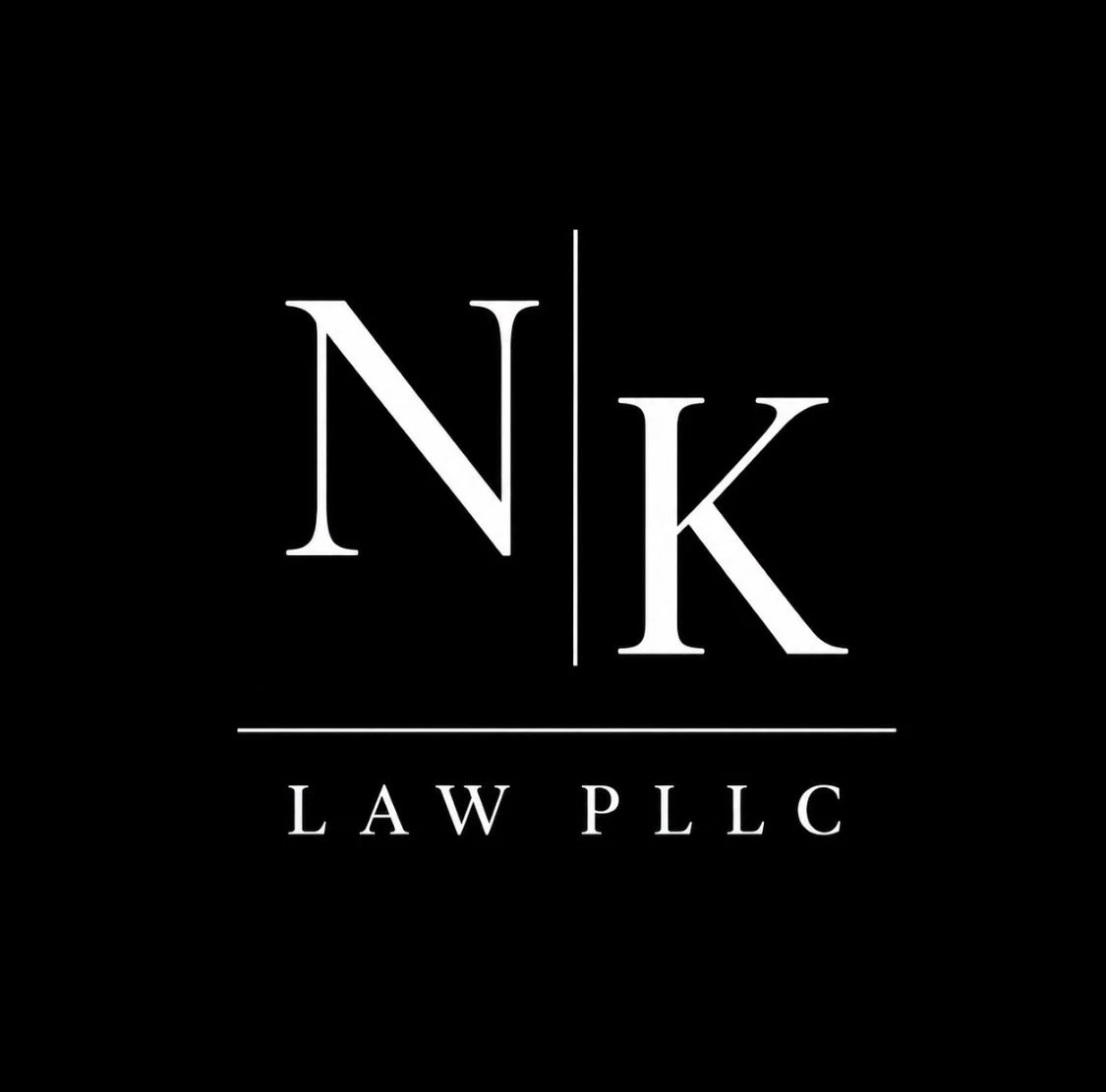Black logo with white text displaying initials N K separated by a vertical line, and the words 'LAW PLLC' underneath, separated by a horizontal line.