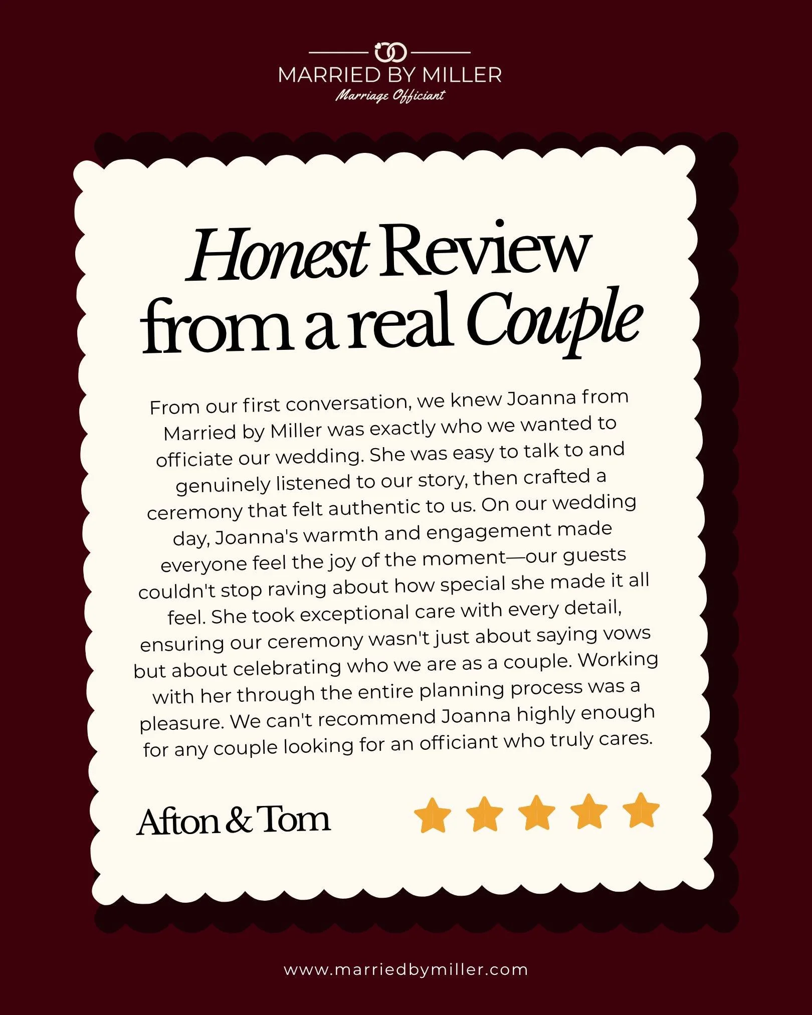 Afton &amp; Tom said something in their review that I keep coming back to: their ceremony wasn't just about saying vows, it was about celebrating who they are as a couple. 

That's the whole job, as far as I'm concerned. I'm not here to read you a sc