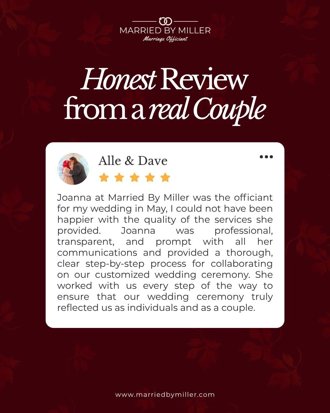 Okay, I have to talk about this one because it's exactly the review that makes my whole week! 

Alle and Dave got married back in May, and what stuck with me most was Alle's amazing hair...plus how much she and Dave both valued knowing exactly what w