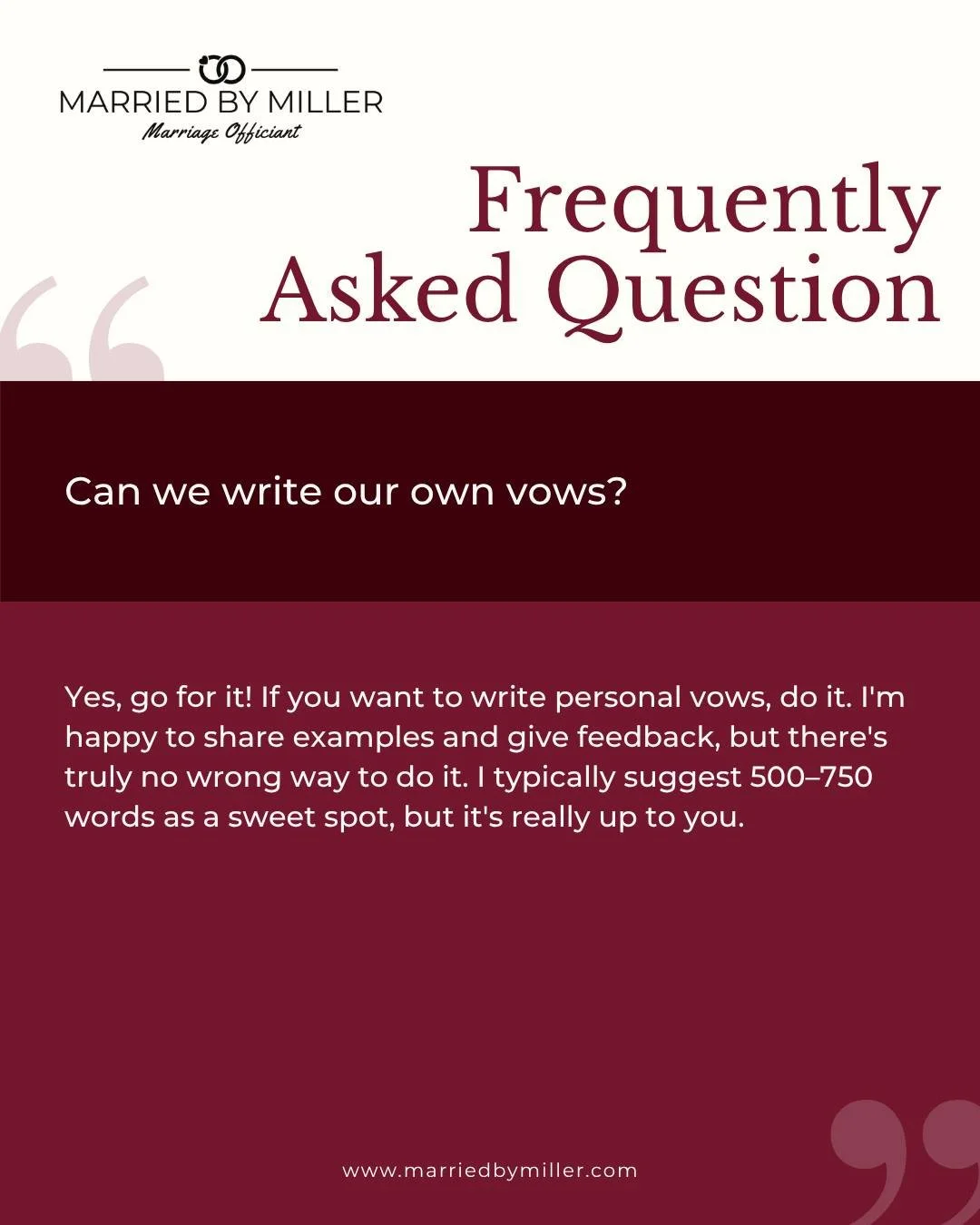 Yes to this one, a thousand times yes!

If you want to write your own vows, please do, it's honestly one of my favorite parts of the whole process. Not sure where to start? I've got examples, I'll read your drafts, I'll help you find the words if the