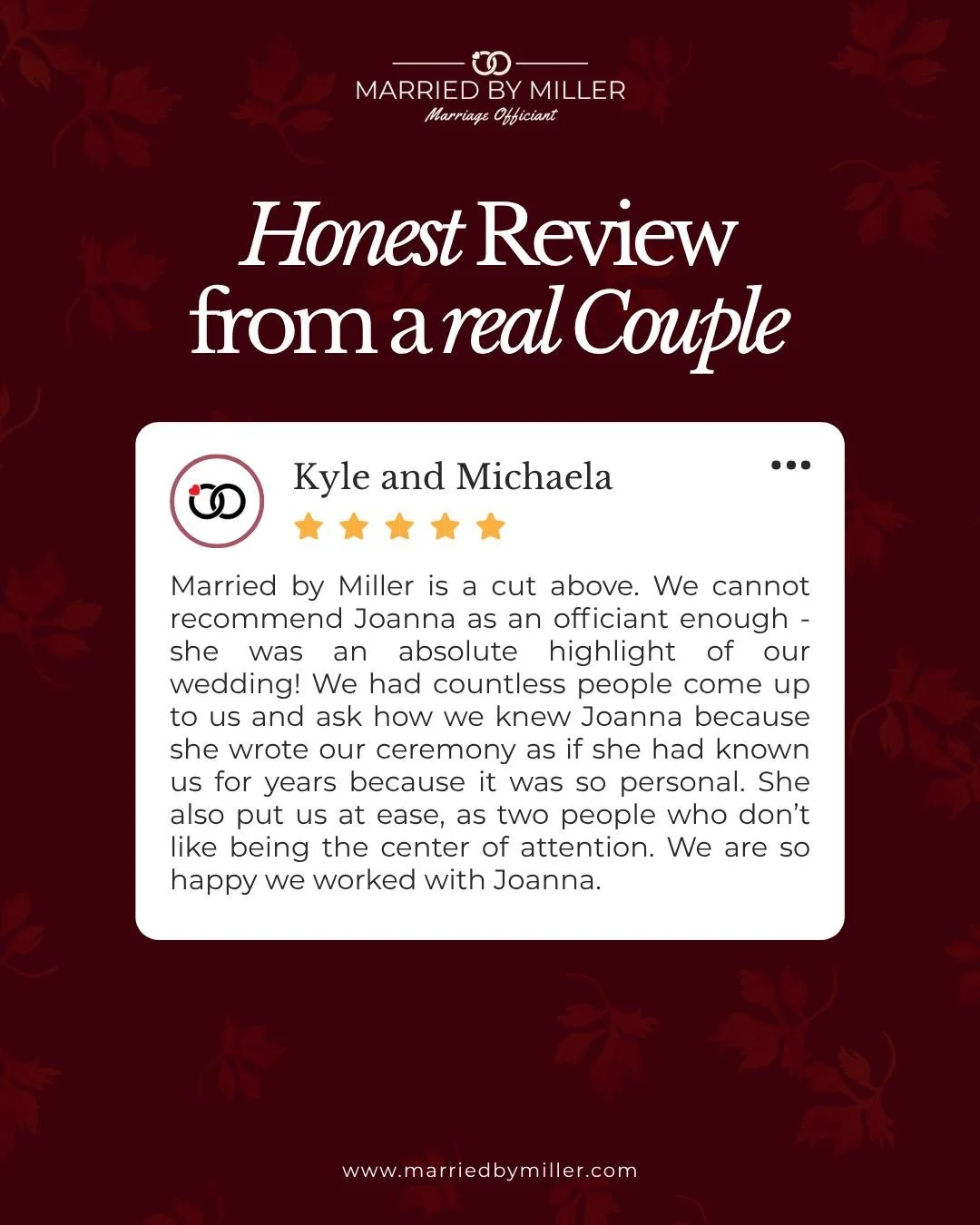 This one genuinely got me a little emotional rereading it! 

Kyle and Michaela had guests coming up to them asking how long they'd known me, because the ceremony felt like it came from someone who'd known them for years. Okay, but that's kind of the 