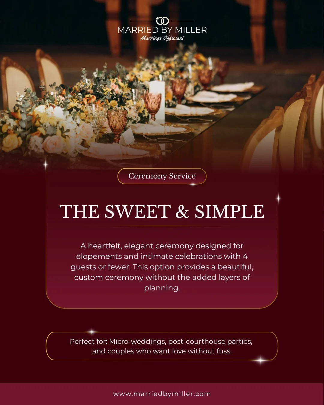 Big ceremony energy doesn't need a big guest list! This one was made for couples eloping or celebrating with just their favorite few people. Still fully custom, still completely heartfelt, just without the extra planning layers a bigger wedding usual