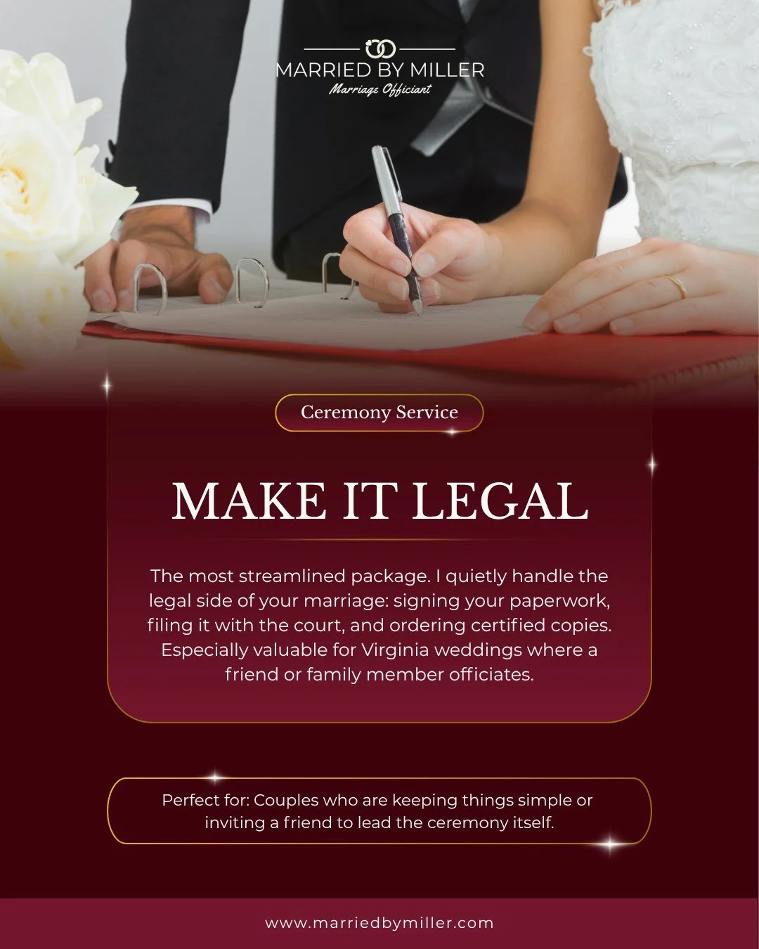 Not every couple needs me standing up there with you, and that's more than okay! This package exists for exactly that: I quietly handle the legal paperwork behind the scenes, so your friend or family member gets to be the one leading your ceremony.

