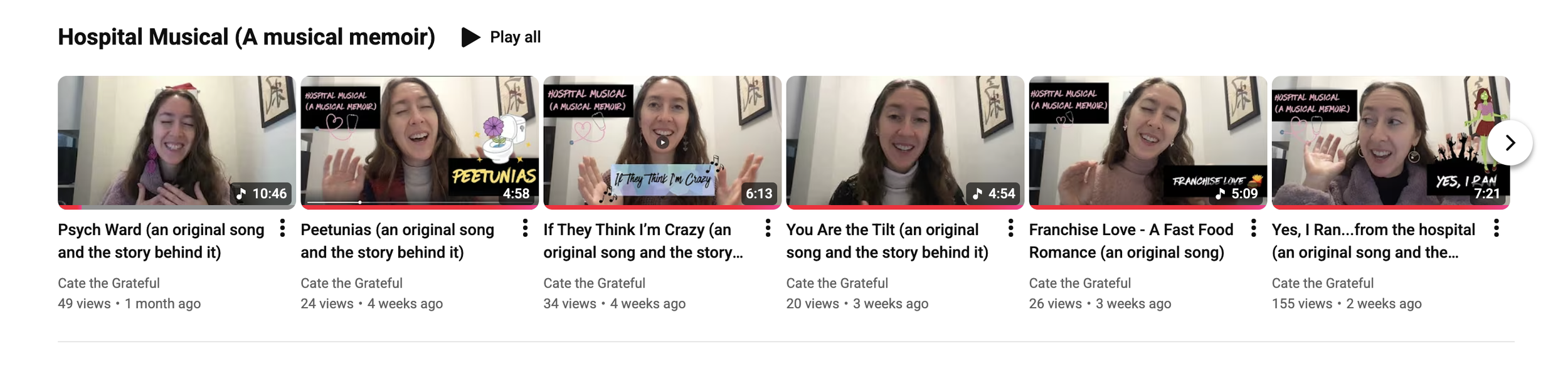 Image of videos on the YouTube playlist called Hospital Musical (A musical memoir)
