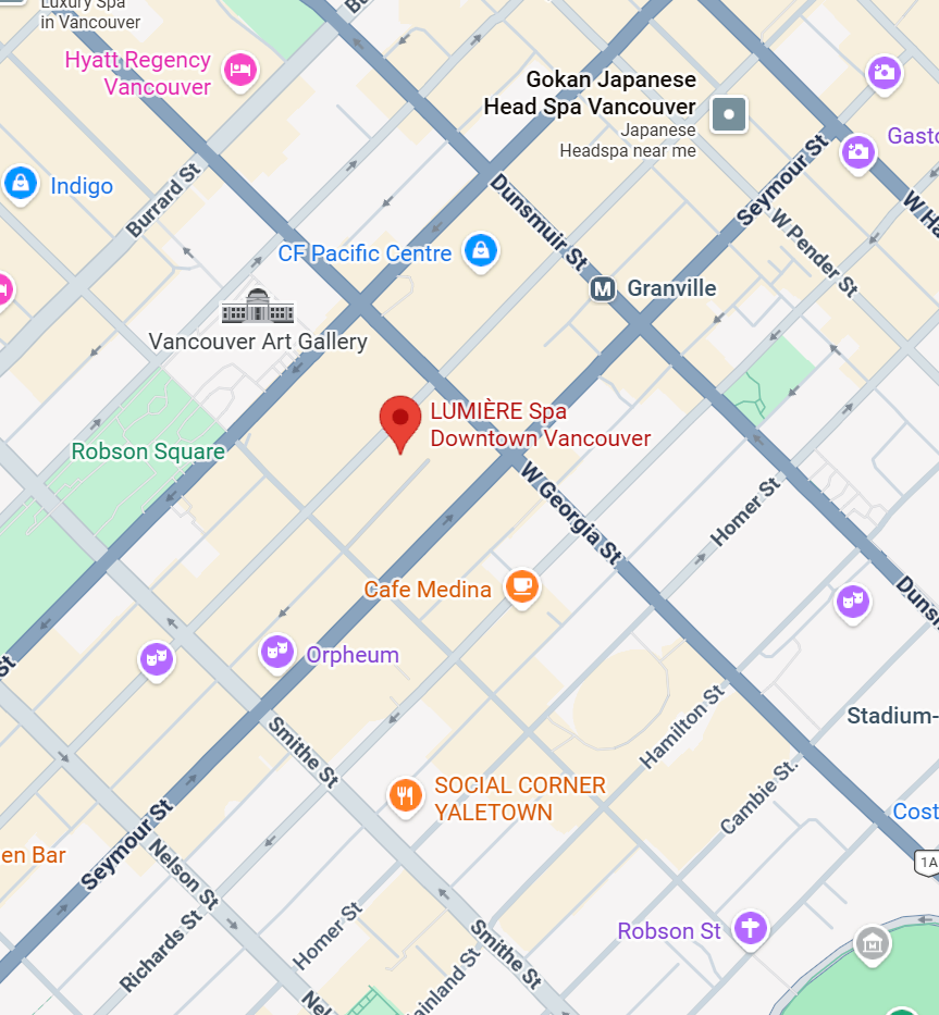 Map of downtown Vancouver showing landmarks including LUMIÈRE Spa, Vancouver Art Gallery, Robson Square, and various cafes and streets.