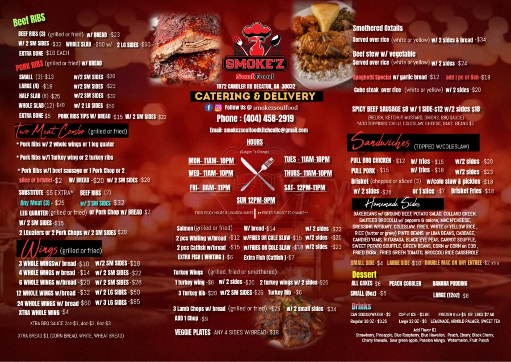 Menu from Smoke'z Soul Food restaurant listing various meats, ribs, chicken, wings, catering options, desserts, and drinks with prices, hours, and contact information.