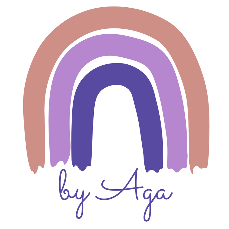 A stylized rainbow with four arches in shades of brown, lavender, and purple, with the text "by Aga" written in purple cursive below.