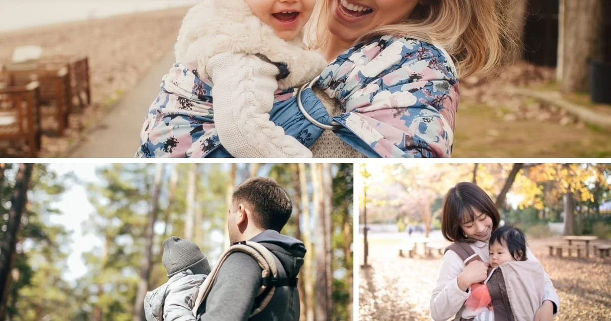 Three people enjoying outdoor activities: a woman holding a smiling young girl, a young man holding a toddler, and a woman with a toddler in a park with trees and fall foliage.