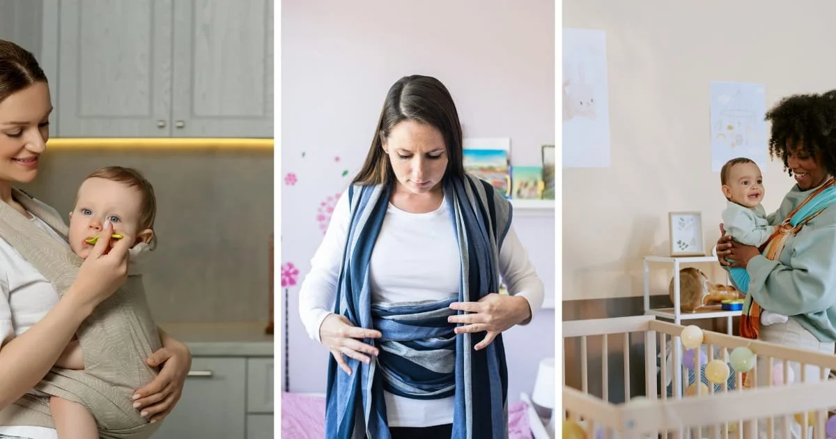 Three women, each with a baby, in different settings: first woman holding a baby in a kitchen, second woman checking her pregnant belly indoors, third woman with a baby in a play area.