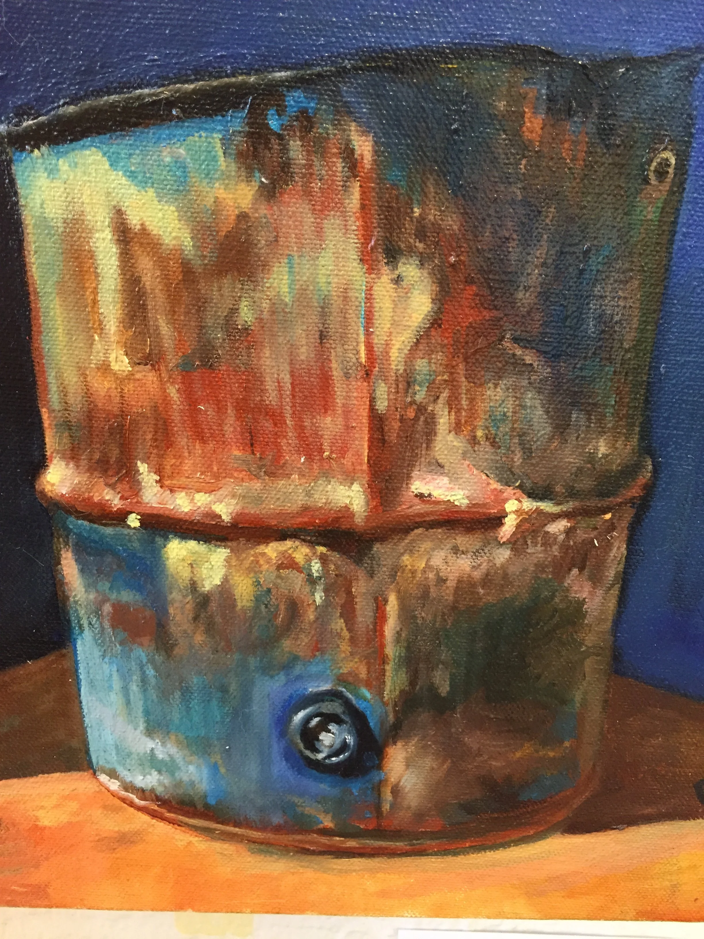 Close-up of a colorful, impressionistic painting of a vintage camper trailer on an orange ground with a dark blue sky background.