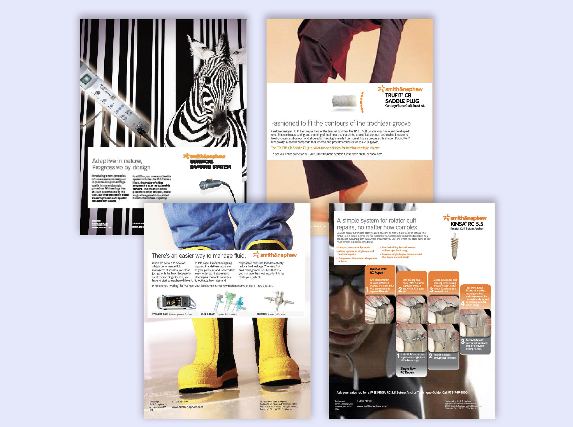 Collection of medical device product advertisements for Smith + Nephew, including a zebra, a person in a suit, a person in yellow boots, and various medical devices and implants.