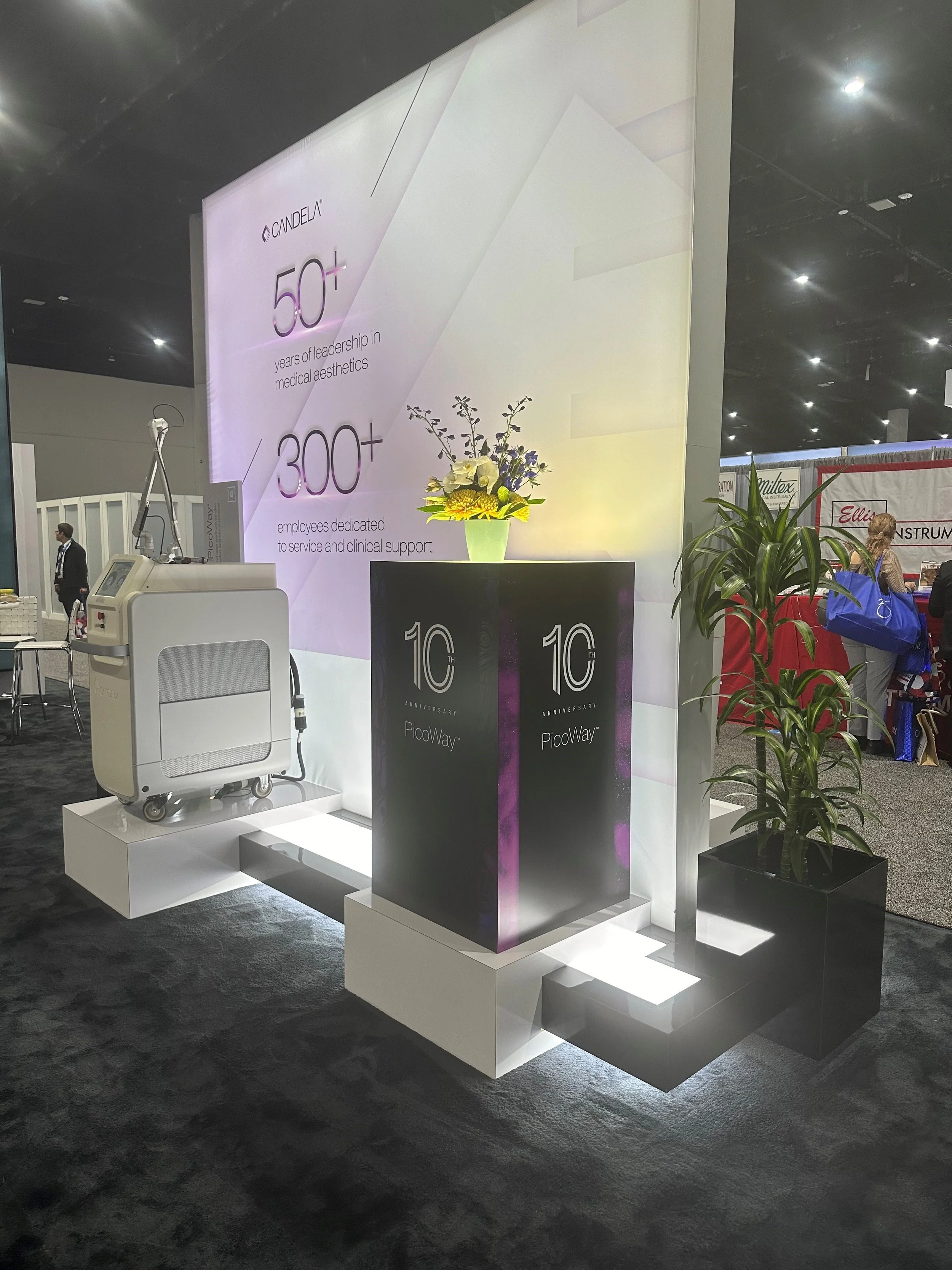Exhibition booth celebrating 50+ years of Candela's leadership in medical aesthetics, with a large white wall displaying the numbers 50+ and 300+ in purple text, a black pedestal with a floral arrangement, a medical device on a white stand, and a pot