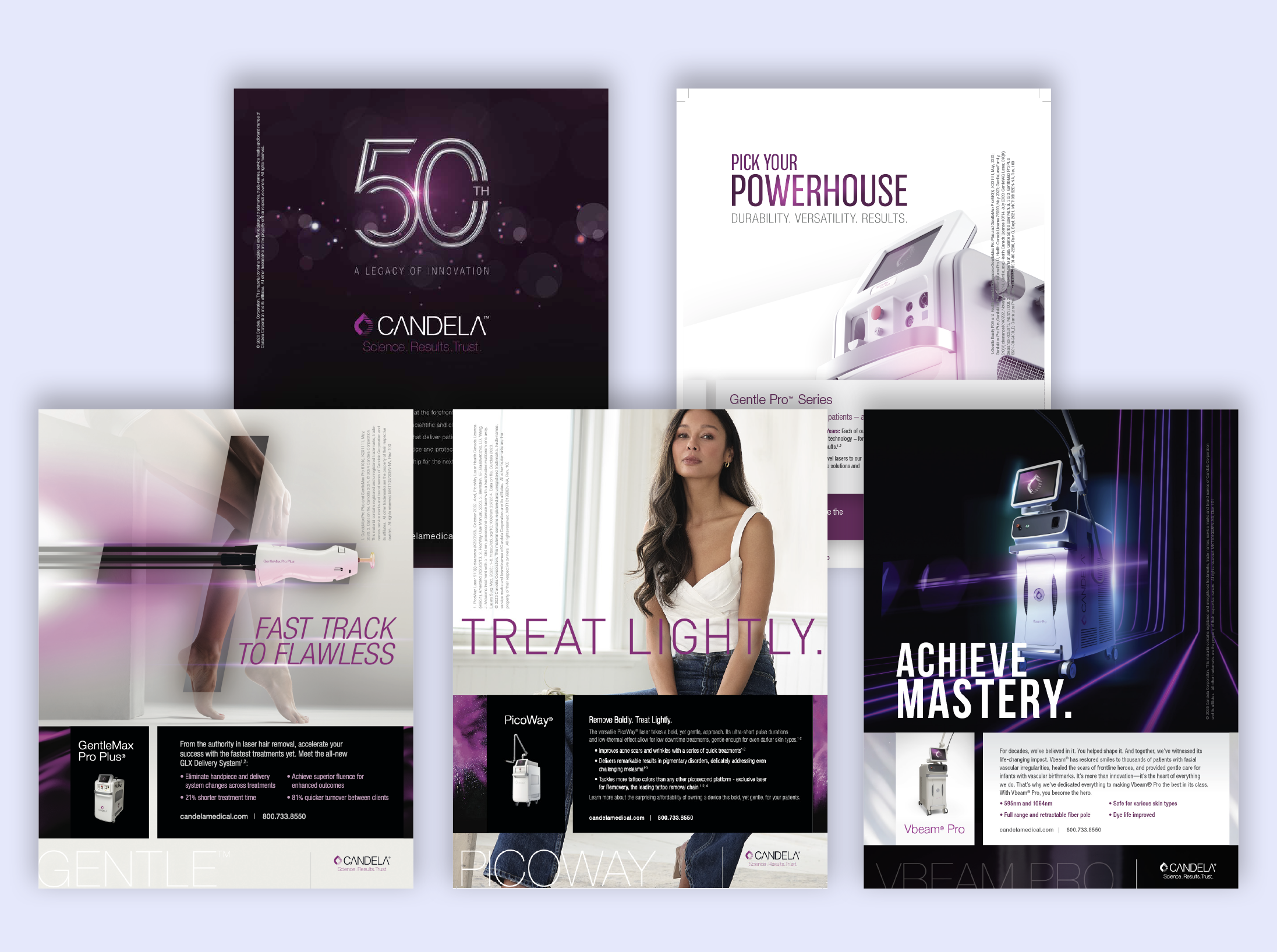 Collection of medical and laser treatment HCP and patient advertising and collateral featuring advanced aesthetic laser technology, patient treatment, and promotional messaging for achieving beauty and skin goals.