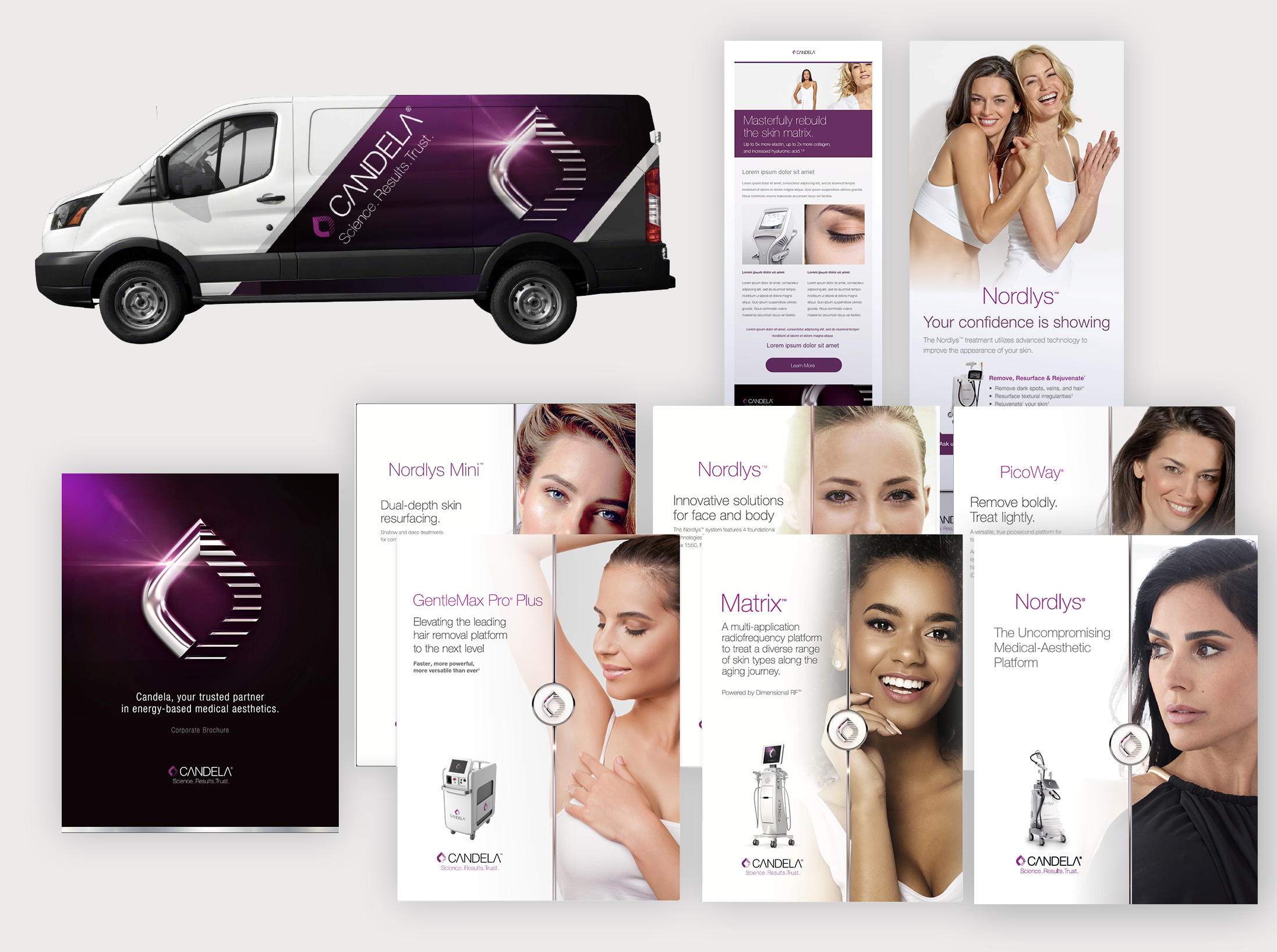 Candela Branding – Van Wrap, emails, HCP brochures, Patient collateral