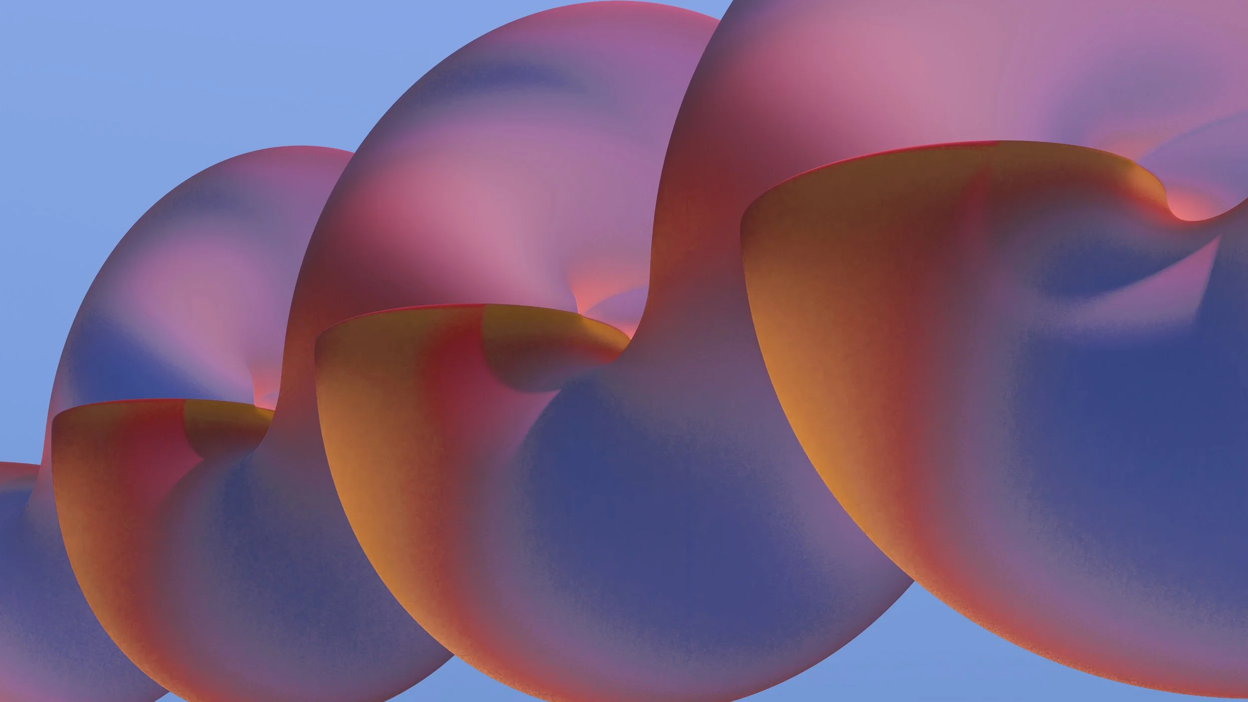 Abstract digital artwork featuring large, flowing shapes in pink, purple, and yellow with soft gradients against a blue background.