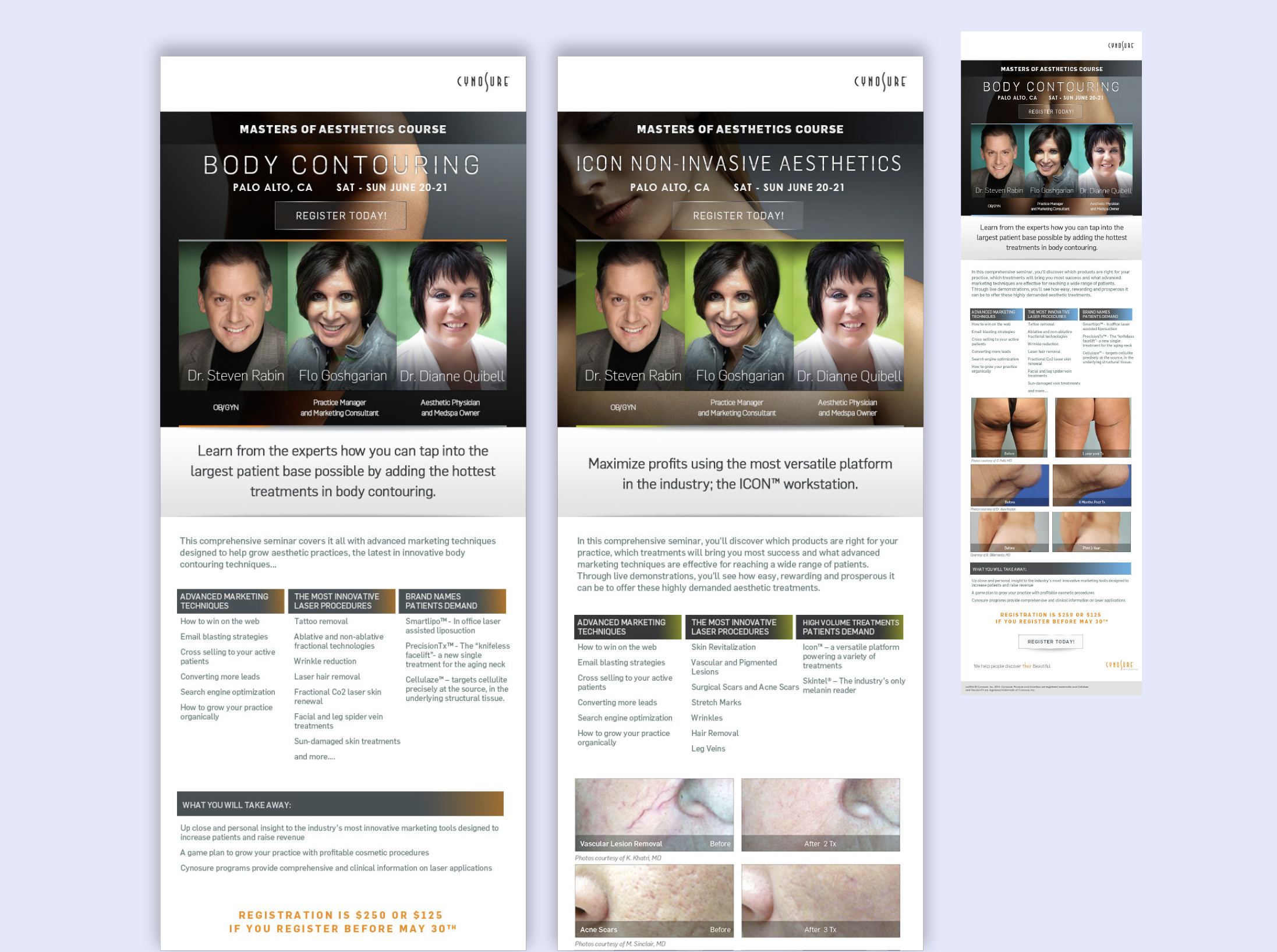 Promotional email designs for a masters of aesthetics course on body contouring, featuring speakers and topics, with images of three professionals, and before-and-after photos of skin treatments.