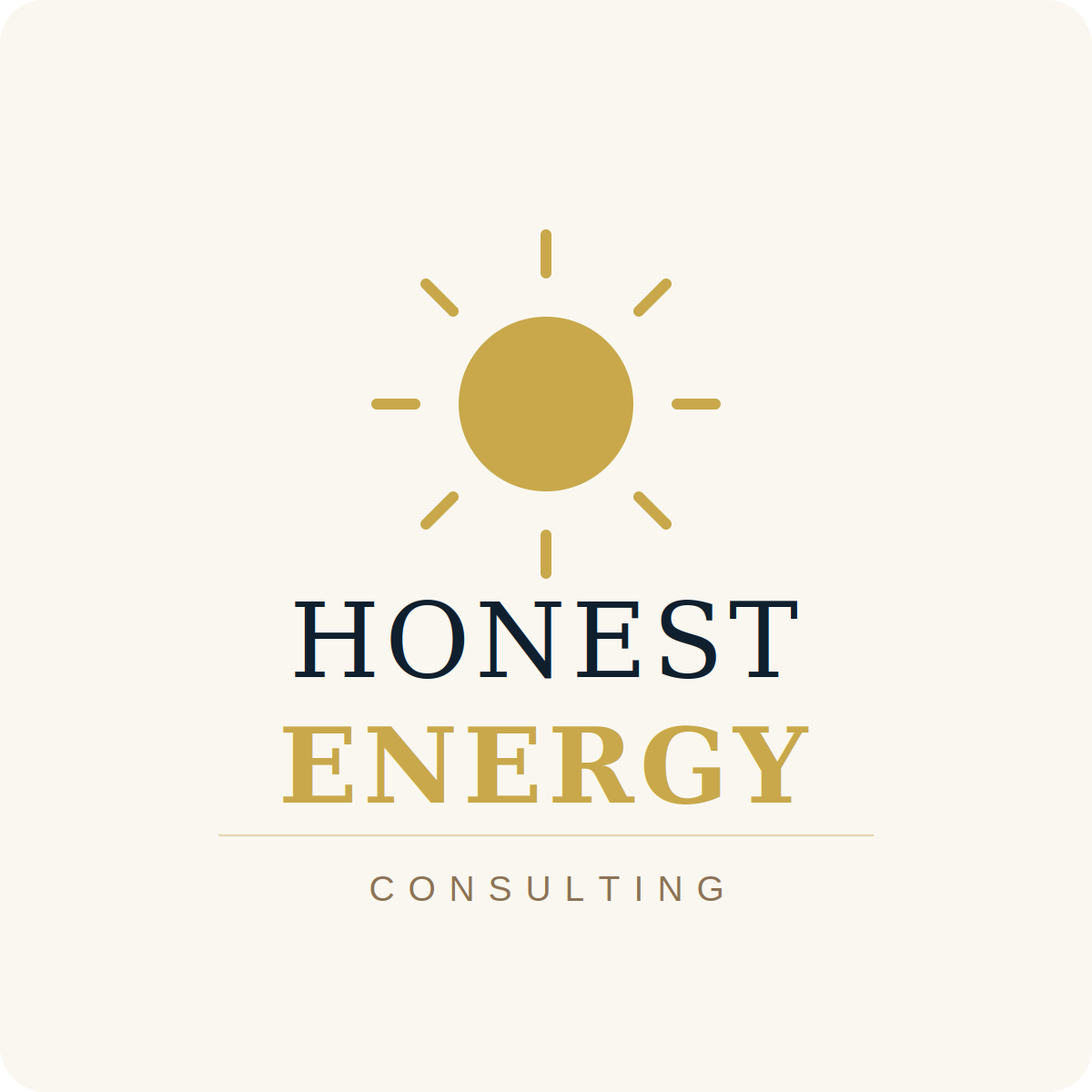 Logo for Honest Energy Consulting featuring a gold sun icon above the company name in black and gold text on a cream background.