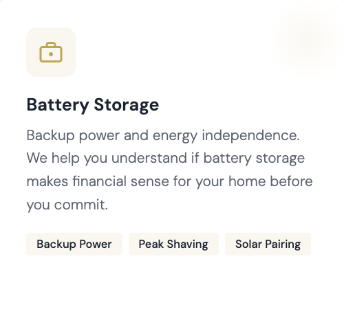 Screenshot of a Battery Storage information page with options for Backup Power, Peak Shaving, and Solar Pairing.