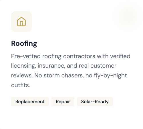 Text advertisement for roofing services mentioning pre-vetted contractors with licensing, insurance, and reviews, noting no storm chasers or fly-by-night outfits, with buttons for Replacement, Repair, and Solar-Ready.