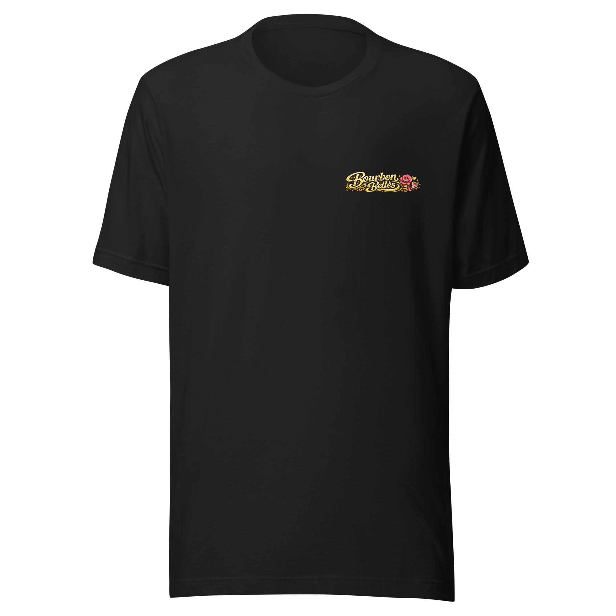 Black t-shirt with a logo of 'Bourbon Belles' and pink roses on the front