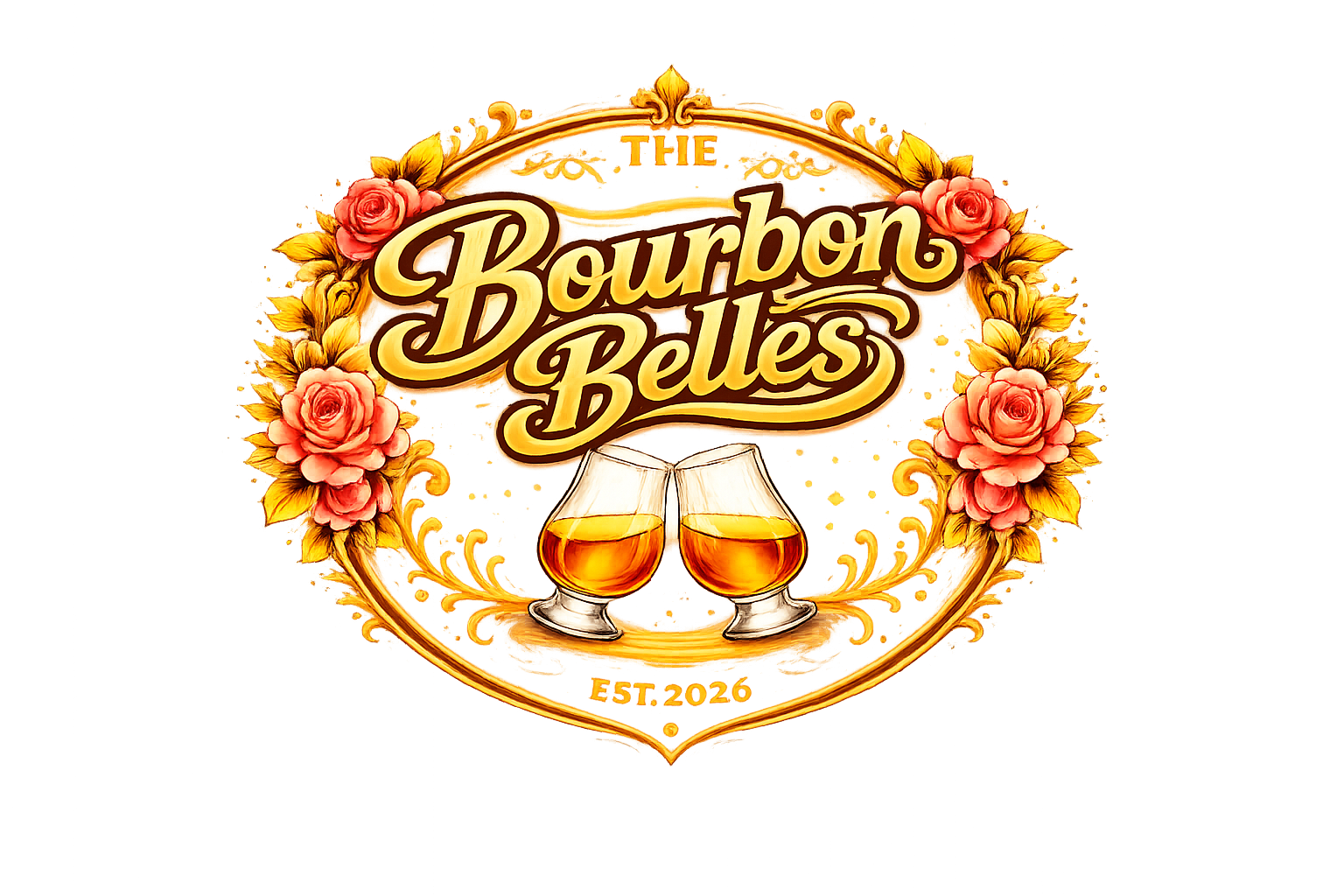Logo for Bourbon Belles, featuring two snifter glasses of bourbon clinking, surrounded by pink roses and yellow floral accents, with the text "The Bourbon Belles" and "Est. 2026".