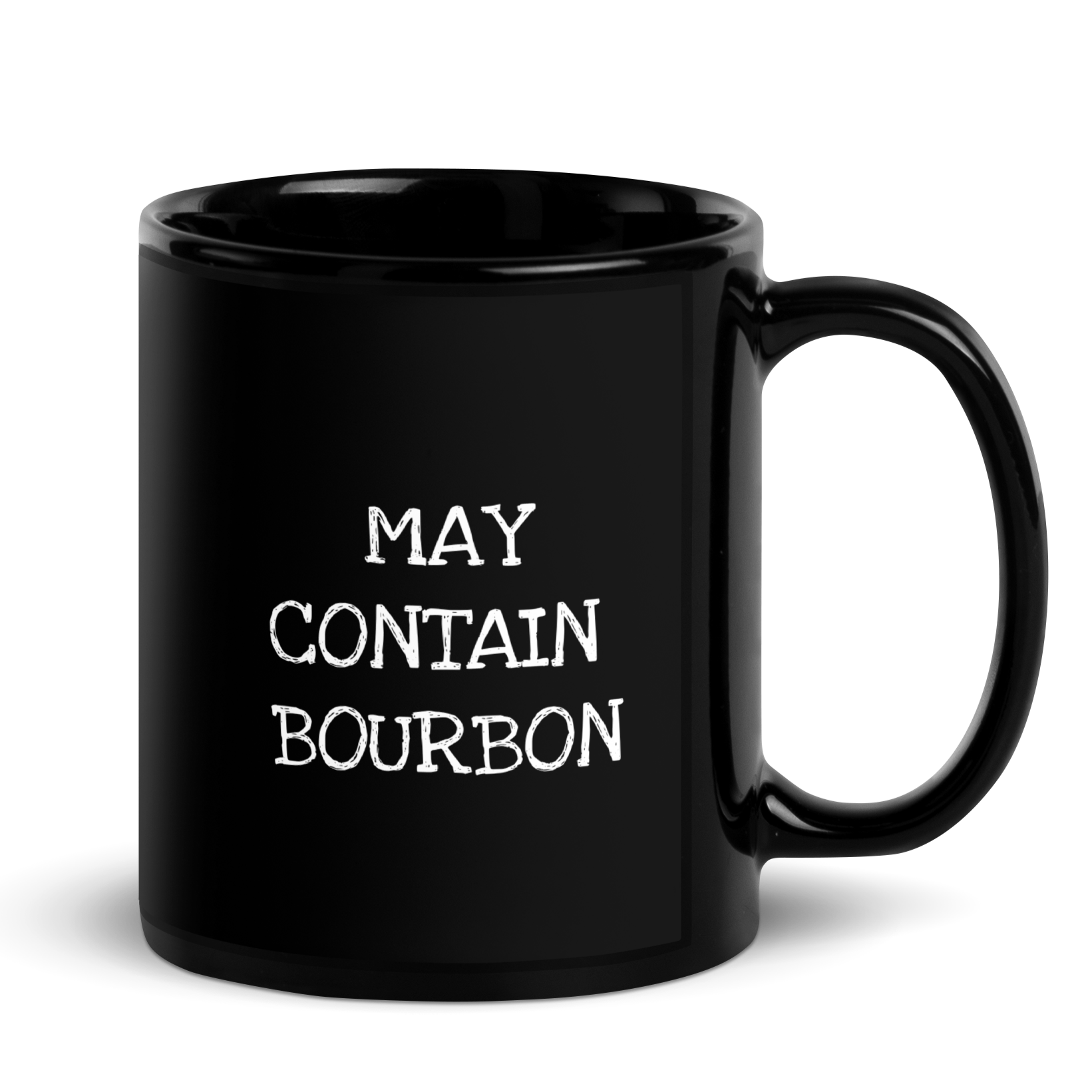 Black coffee mug with white text that reads: "MAY CONTAIN BOURBON".