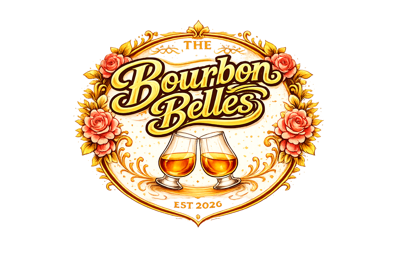 Logo for Bourbon Belles featuring two glasses of bourbon whiskey surrounded by pink roses and gold decorative elements, with the establishment year 2026 at the bottom.