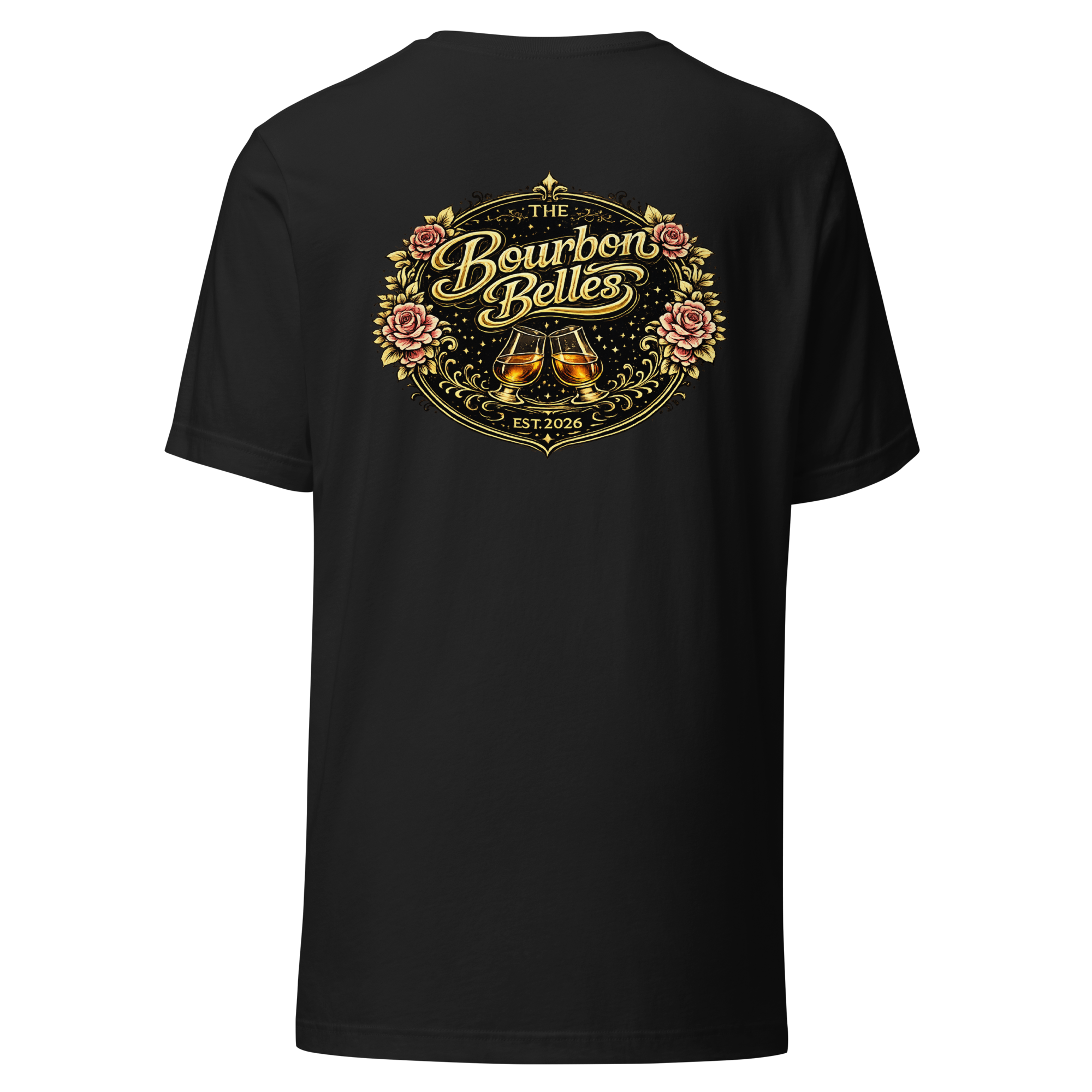 Black t-shirt with a graphic design that features two glasses of bourbon, surrounded by pink roses and gold decorative elements, with the text 'The Bourbon Belles' and 'Est. 2026'.
