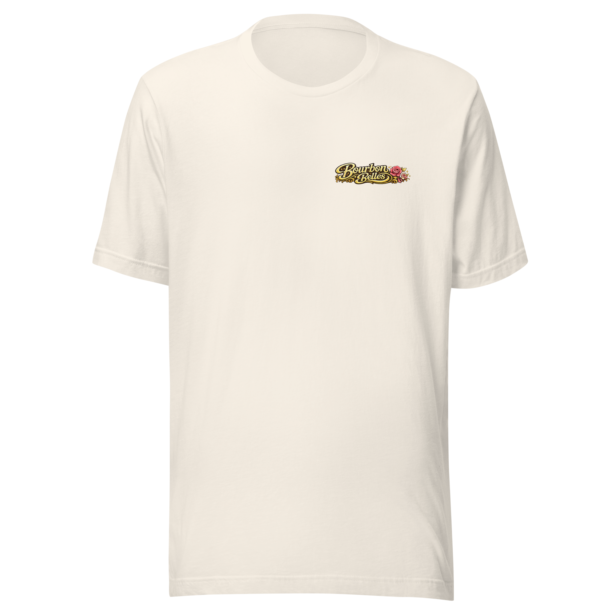 White t-shirt with a small logo on the front near the chest that says "Bourbon Belles" and features pink roses.