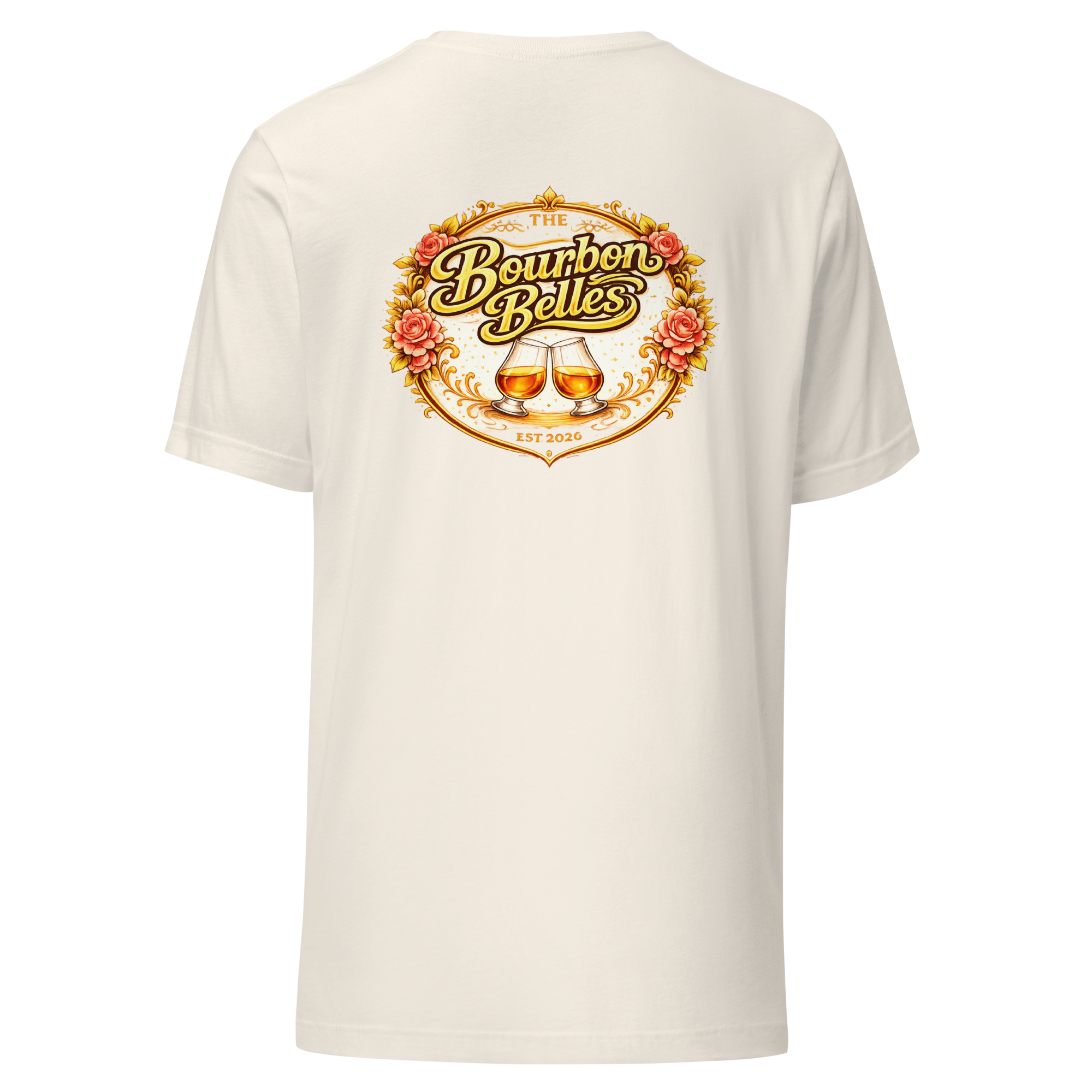 White T-shirt with a colorful graphic design that features two glasses of bourbon with ice, surrounded by roses and gold decorative elements, and the words 'The Bourbon Belles' and 'Est 2020'.