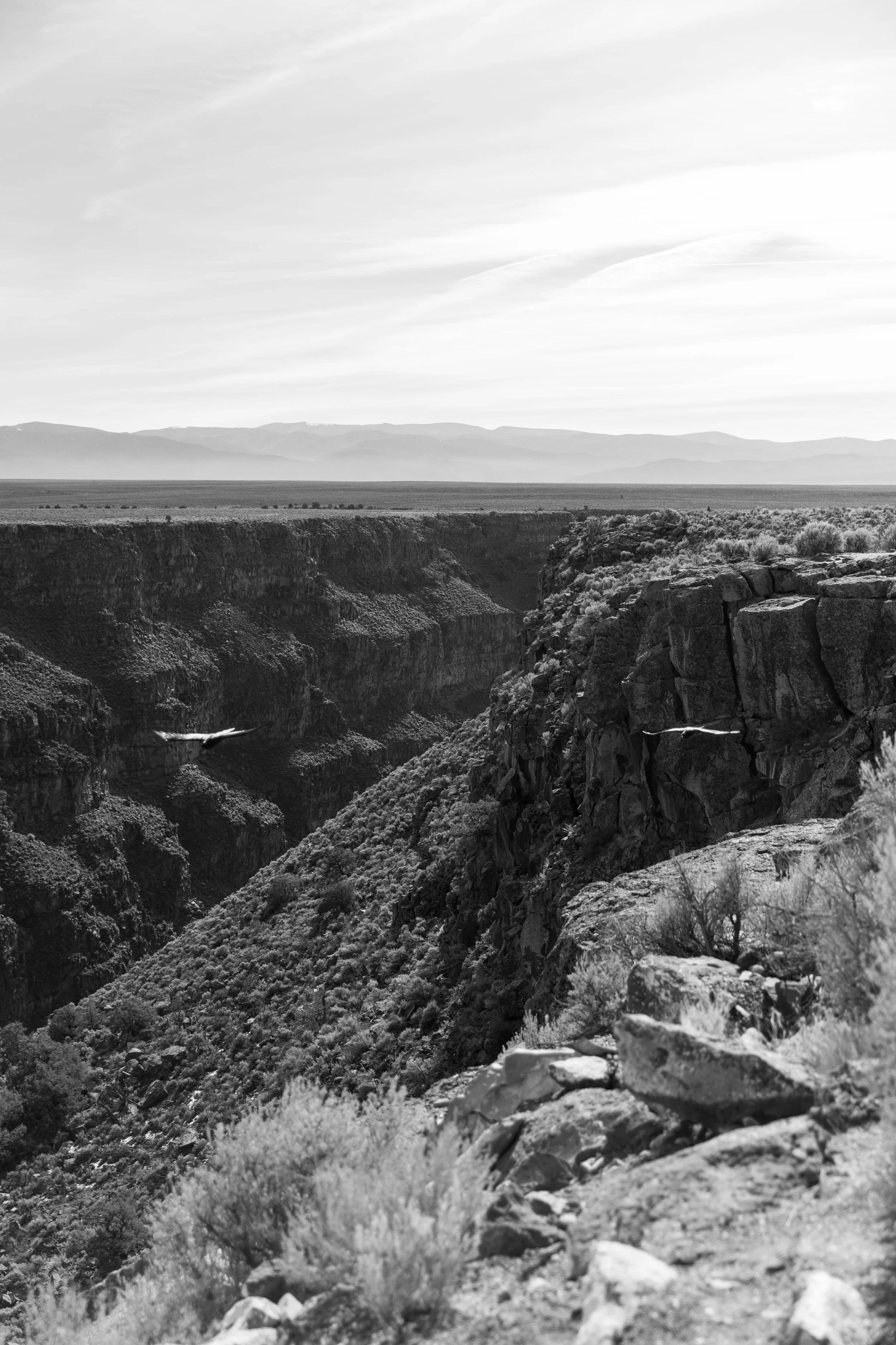 Black and white photograph of a canyon with rugged cliffs and a desert landscape, with distant mountains and a sky with light clouds.