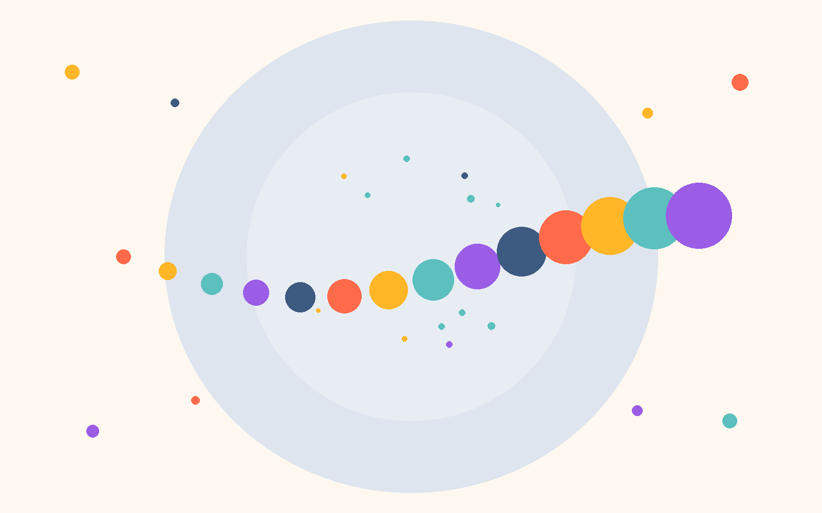 Colorful, abstract design featuring a curved line of multicolored circles over a light beige background with concentric circles and scattered smaller circles.