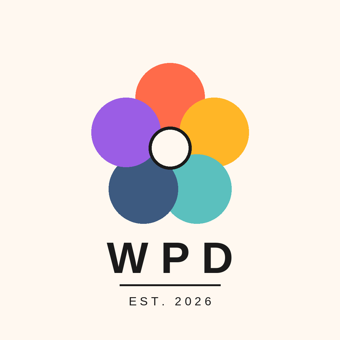 A modern logo featuring a flower with six colorful petals in red, purple, yellow, teal, navy blue, and light blue, with the letters 'WPD' below and the text 'EST. 2026' underneath.